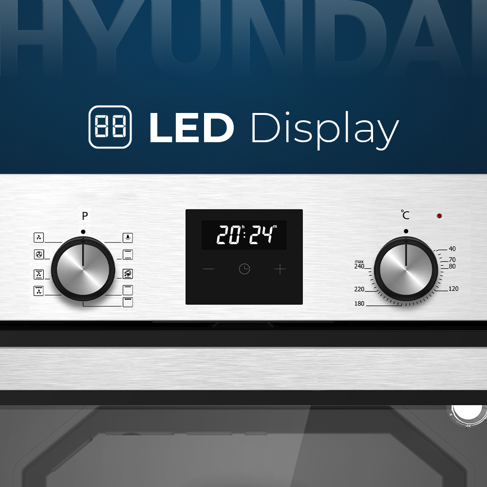 Un horno moderno con pantalla LED, mandos giratorios y pantalla digital de hora.