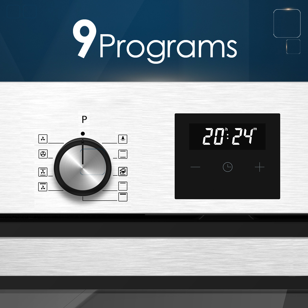 Panel de control de horno con selector de programa y pantalla digital.
