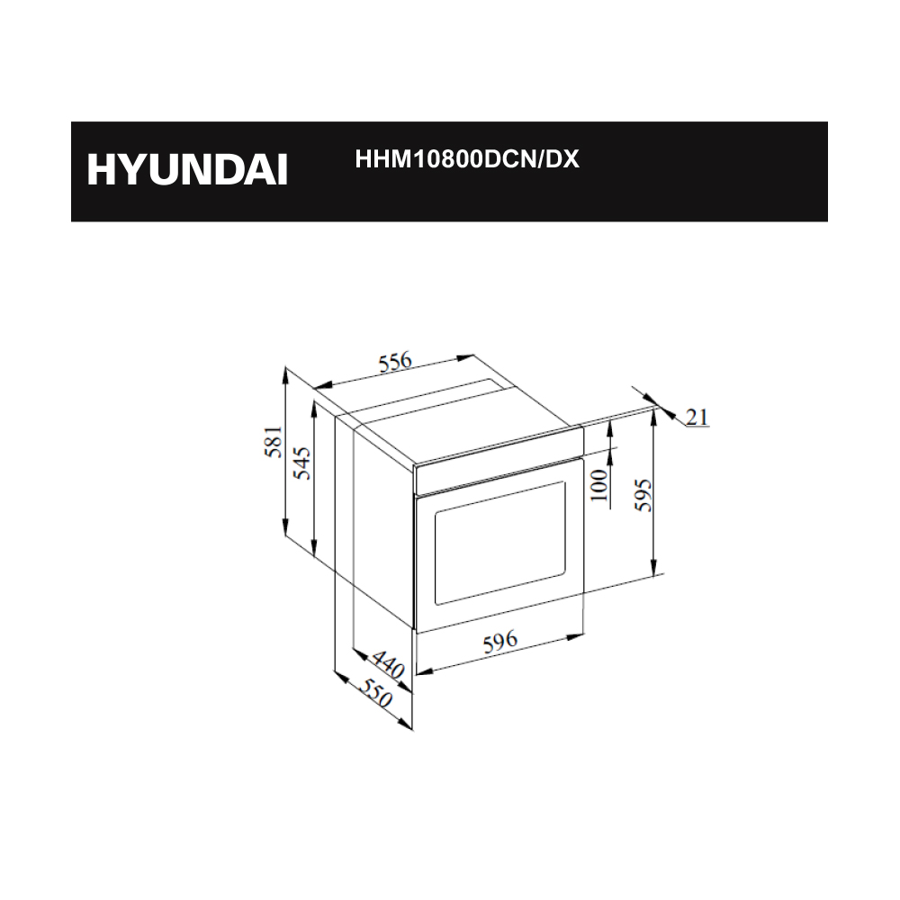 Dibujo técnico de un horno empotrado con dimensiones.