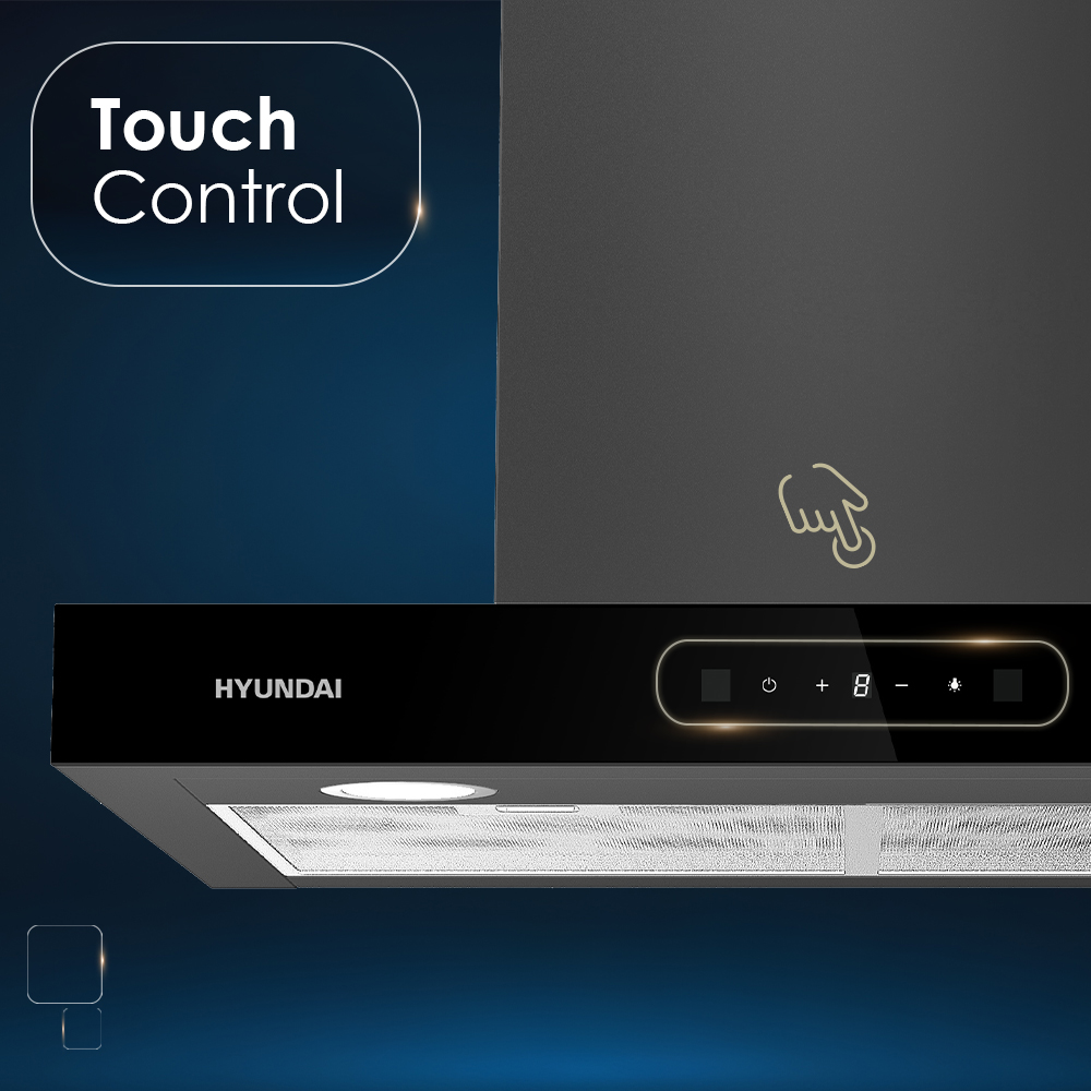 Campana extractora con controles táctiles y pantalla digital. Logo Hyundai.