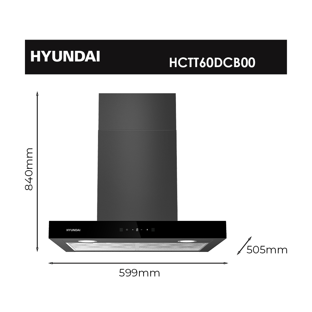 Campana extractora negra con dimensiones 840mm alto, 599mm ancho, 505mm profundo.