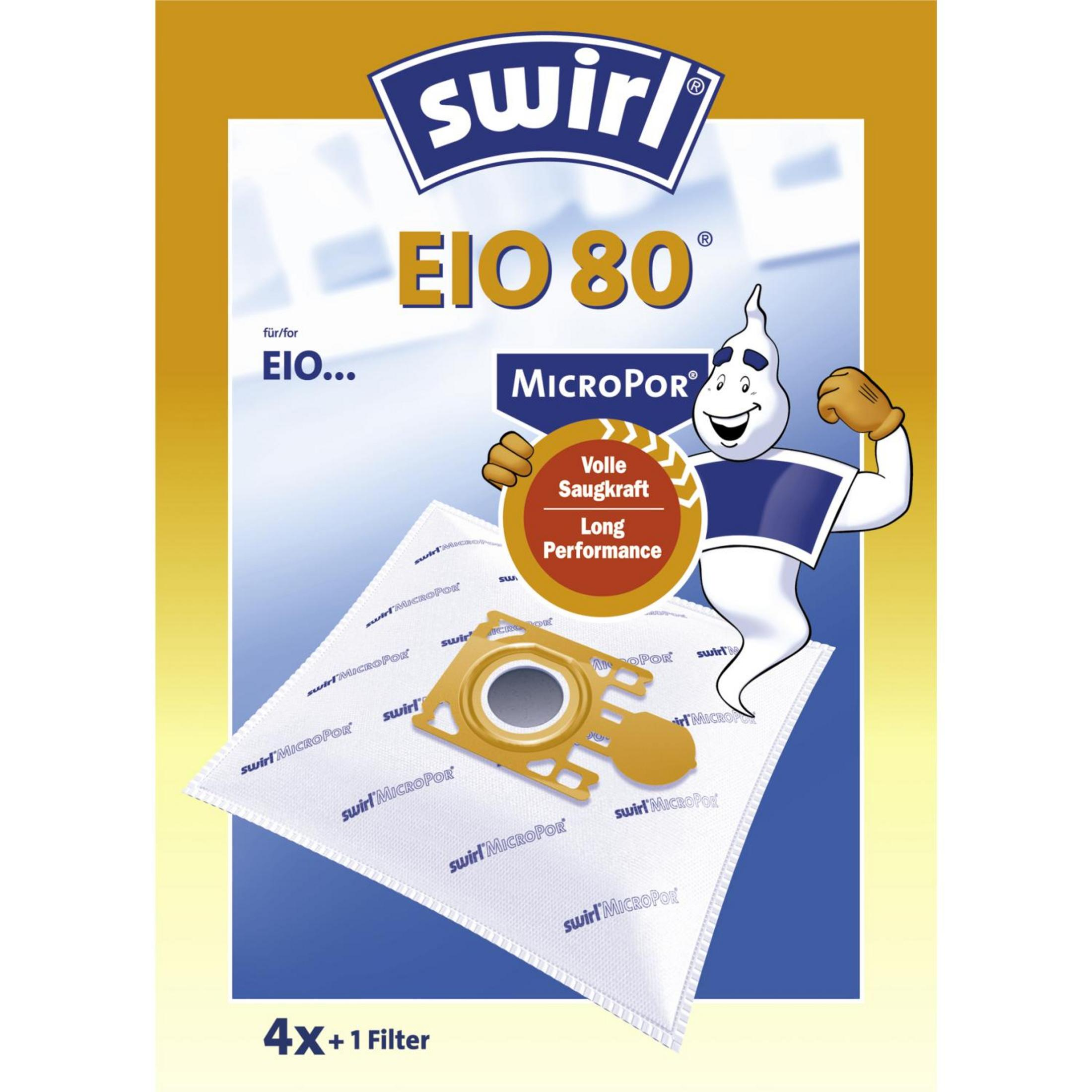Packung mit Swirl EIO 80 Staubbeuteln, 4+1 Gratis. Mit Comic-Figur.