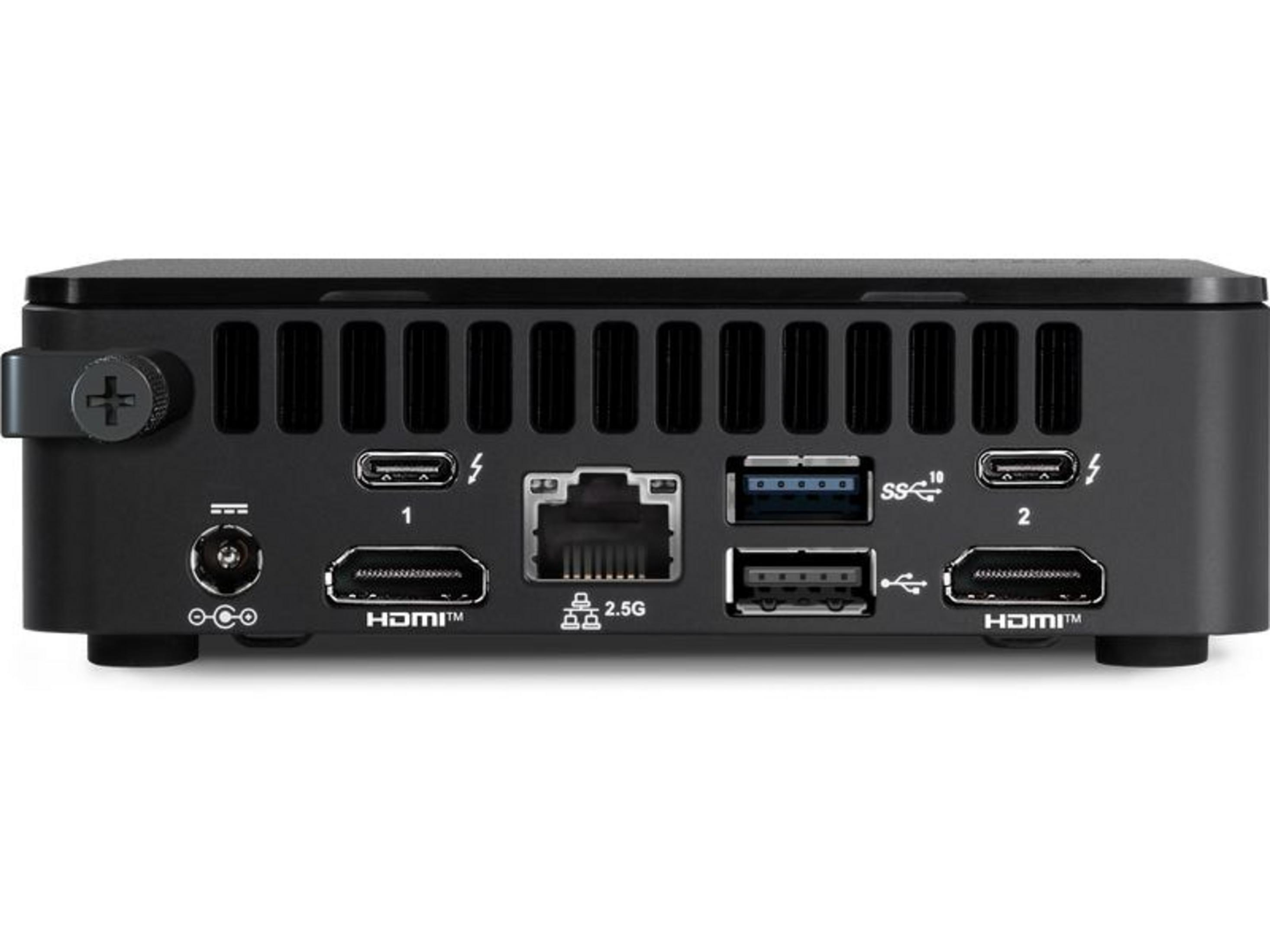 Zwarte mini-pc met poorten: stroom, 2x HDMI, 2.5G LAN, 2x USB-A, 2x USB-C.