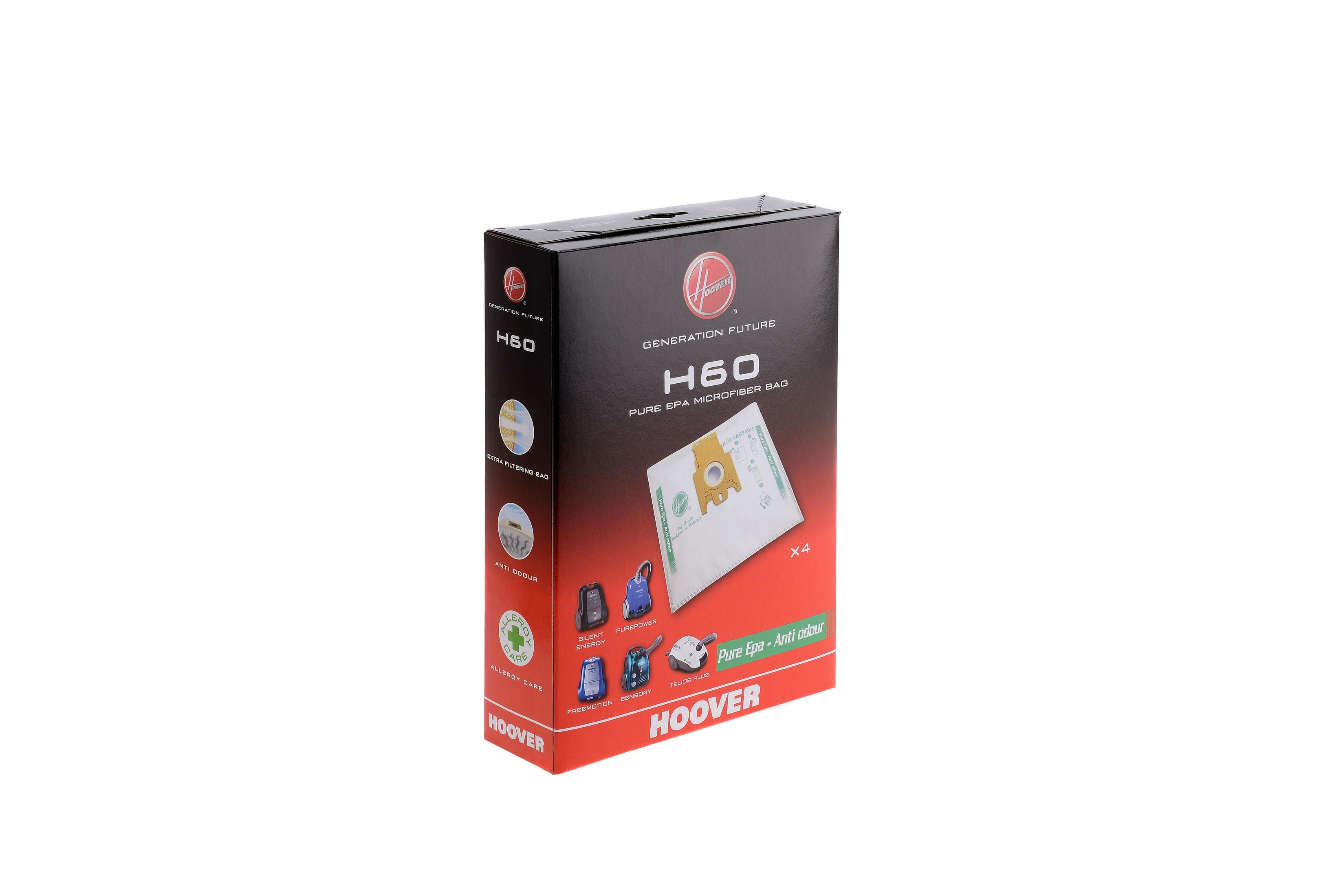 Embalaje de bolsa de microfibra Hoover H60 con imágenes de aspiradoras.