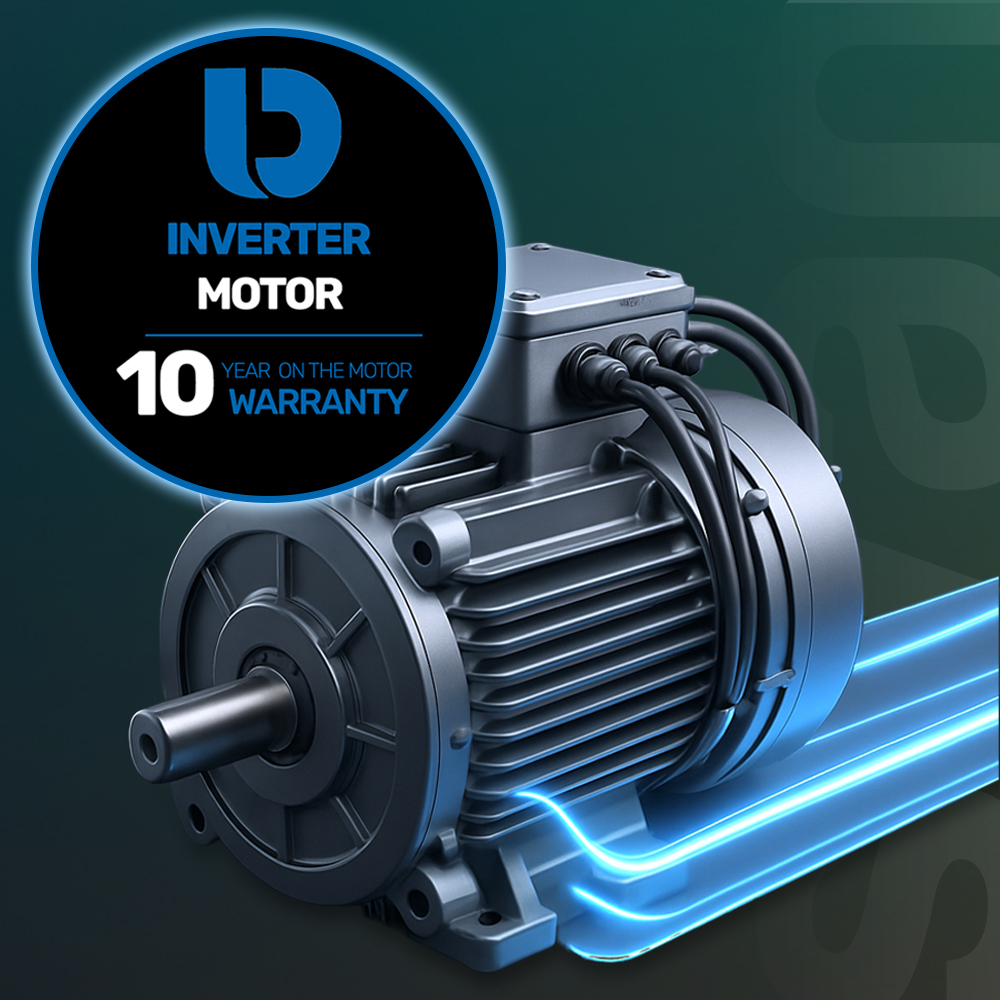 Motor eléctrico gris con 10 años de garantía, luces azules al frente.