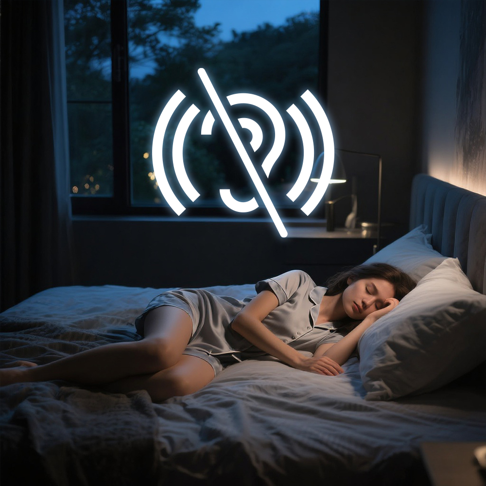 Una mujer duerme en la cama por la noche bajo un icono de silencio.