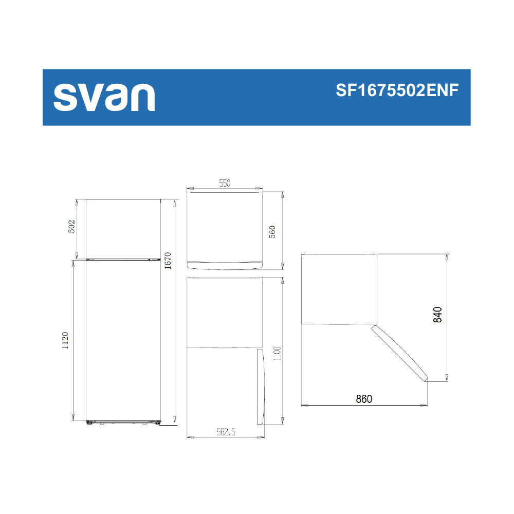 Dibujo técnico de un refrigerador con dimensiones y el logo de Svan.