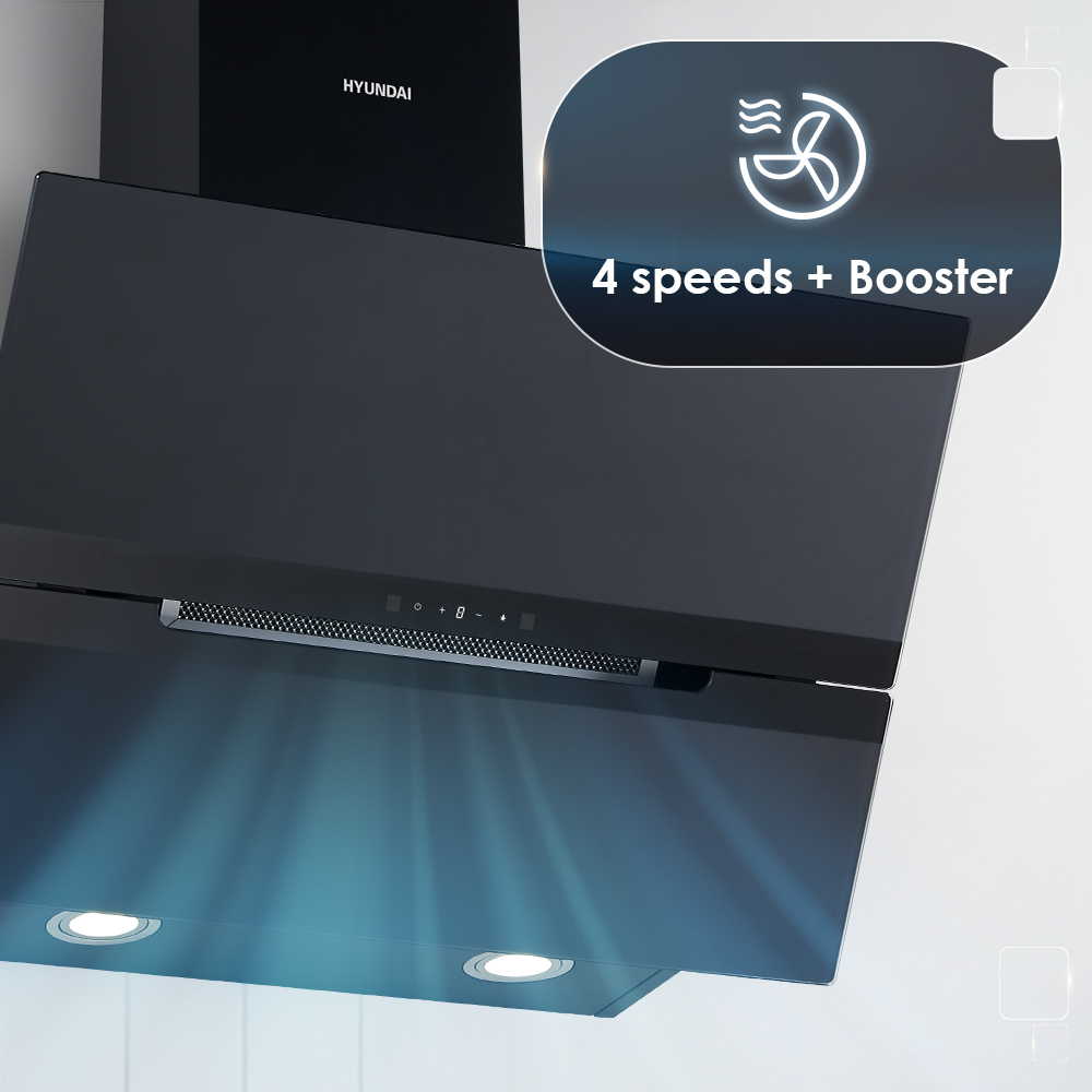 Campana extractora Hyundai negra con luces, icono de ventilador y texto '4 velocidades + Booster'.