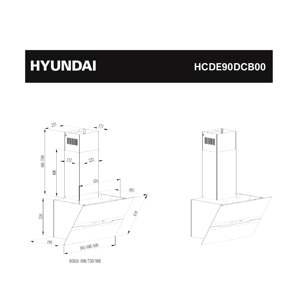Dibujo técnico de una campana extractora HYUNDAI con dimensiones.