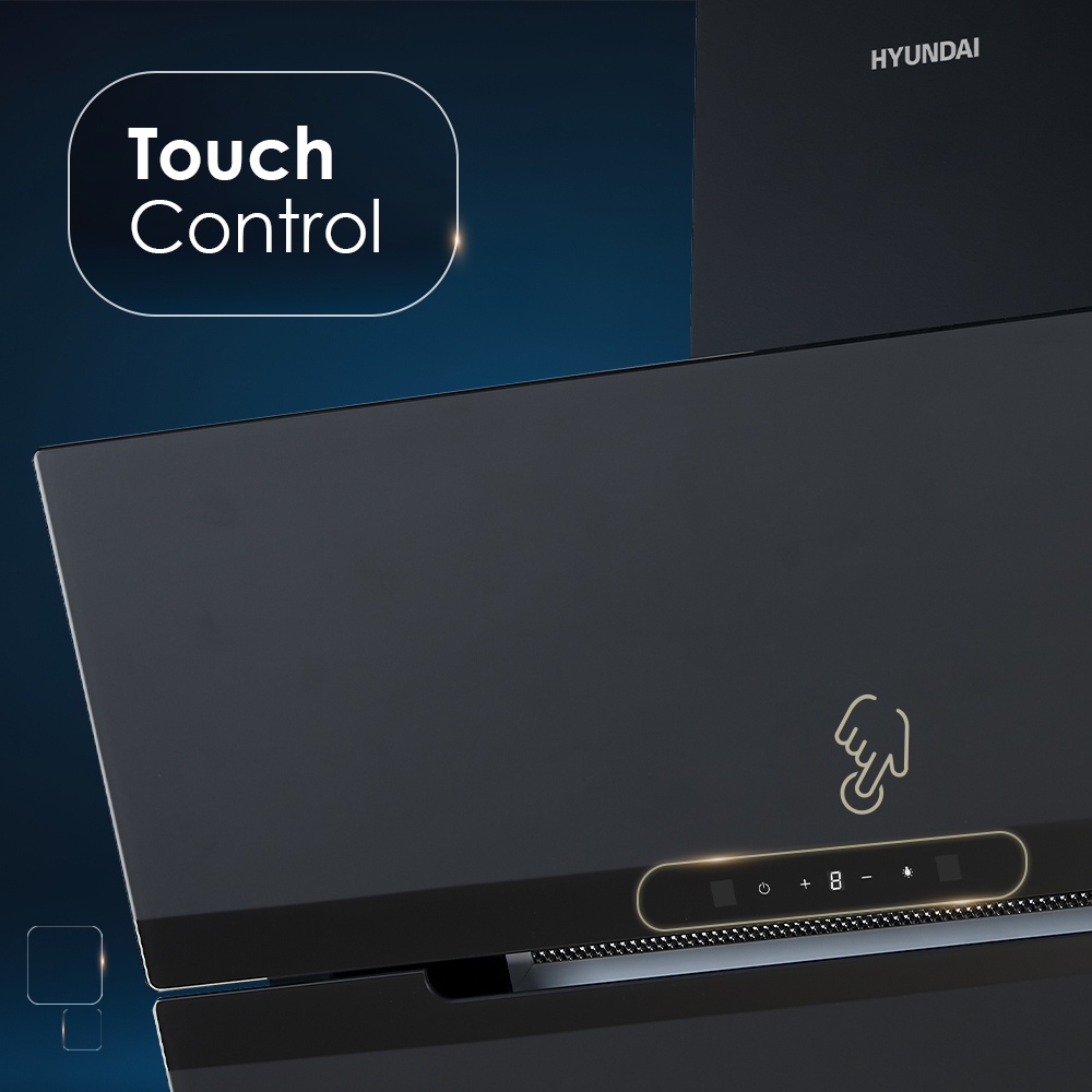 Campana extractora negra con controles táctiles y logo Hyundai.