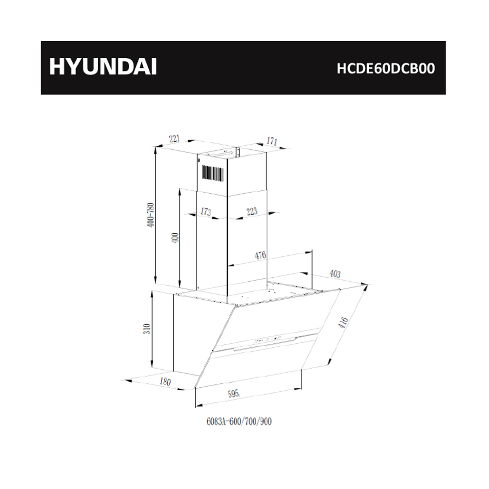 Dibujo técnico de una campana extractora Hyundai HCDE60DCB00 con dimensiones.