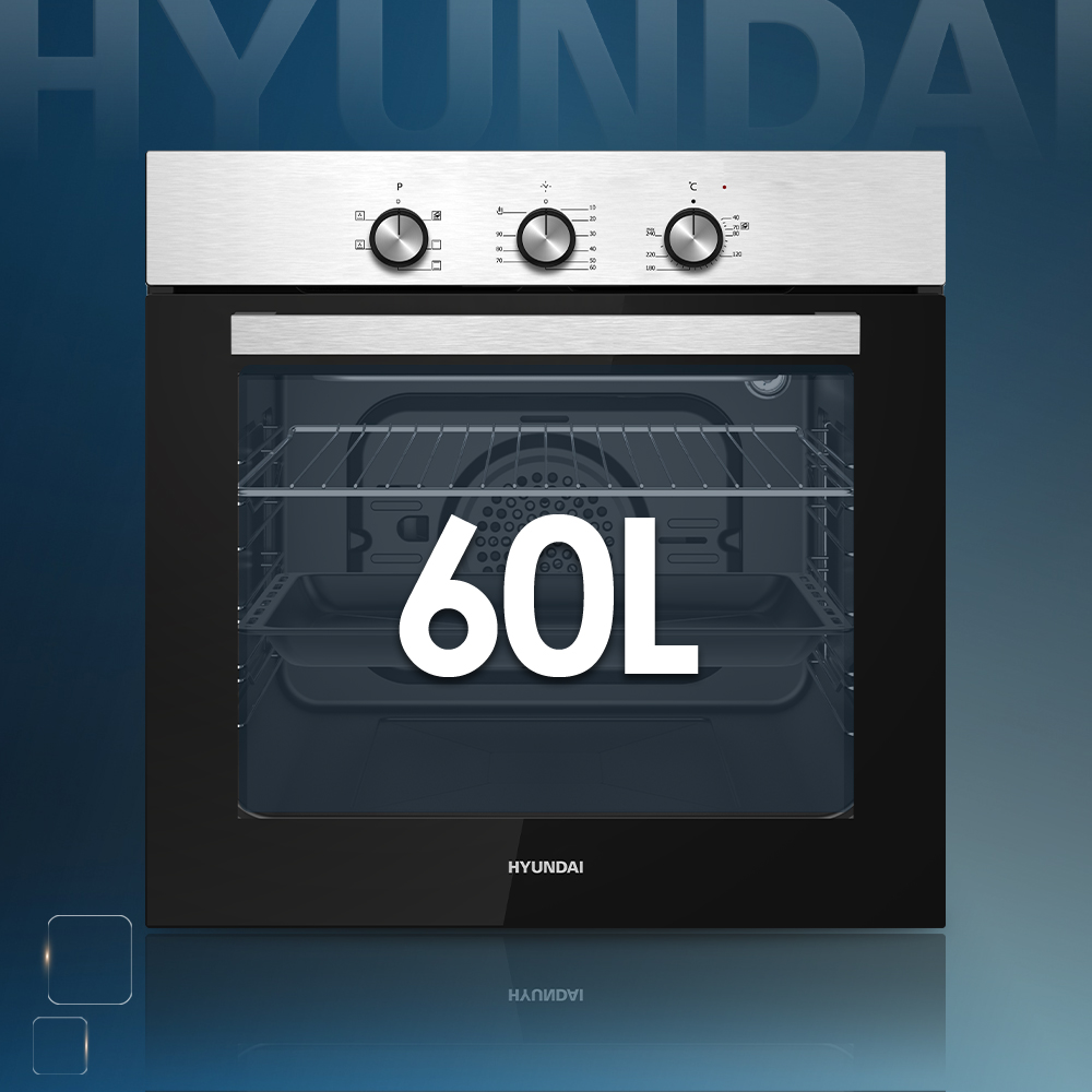 Un horno Hyundai moderno con capacidad de 60L, frente plateado y puerta negra.
