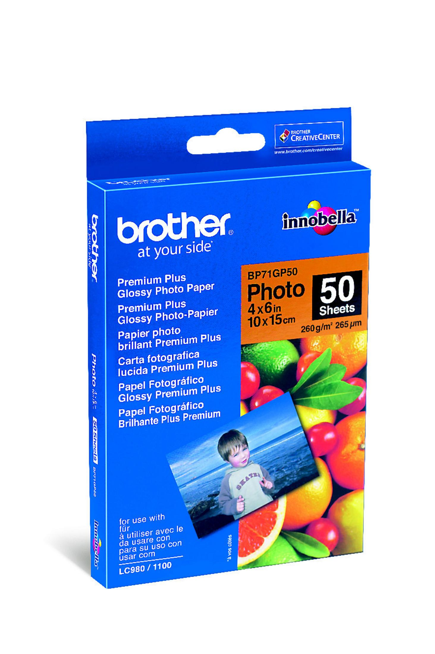 Bruder Innobella Fotopapier-Packung mit Früchten und Kind im Bild.