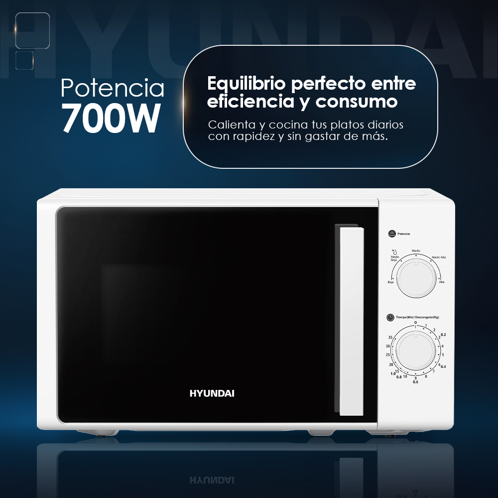 Microondas blanco con puerta y controles negros, potencia 700W.
