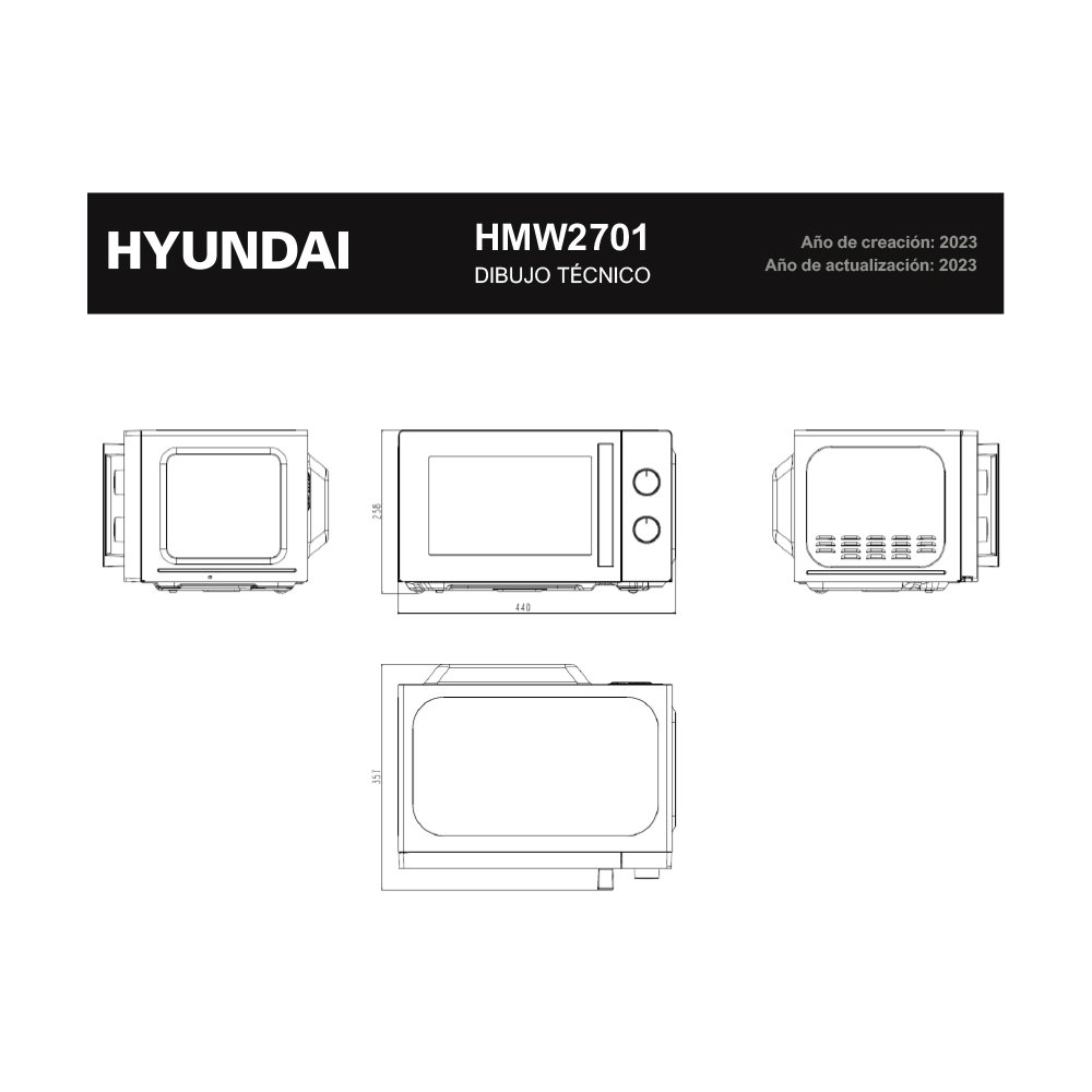 Dibujo técnico de microondas Hyundai, vistas frontal, lateral y superior con medidas.