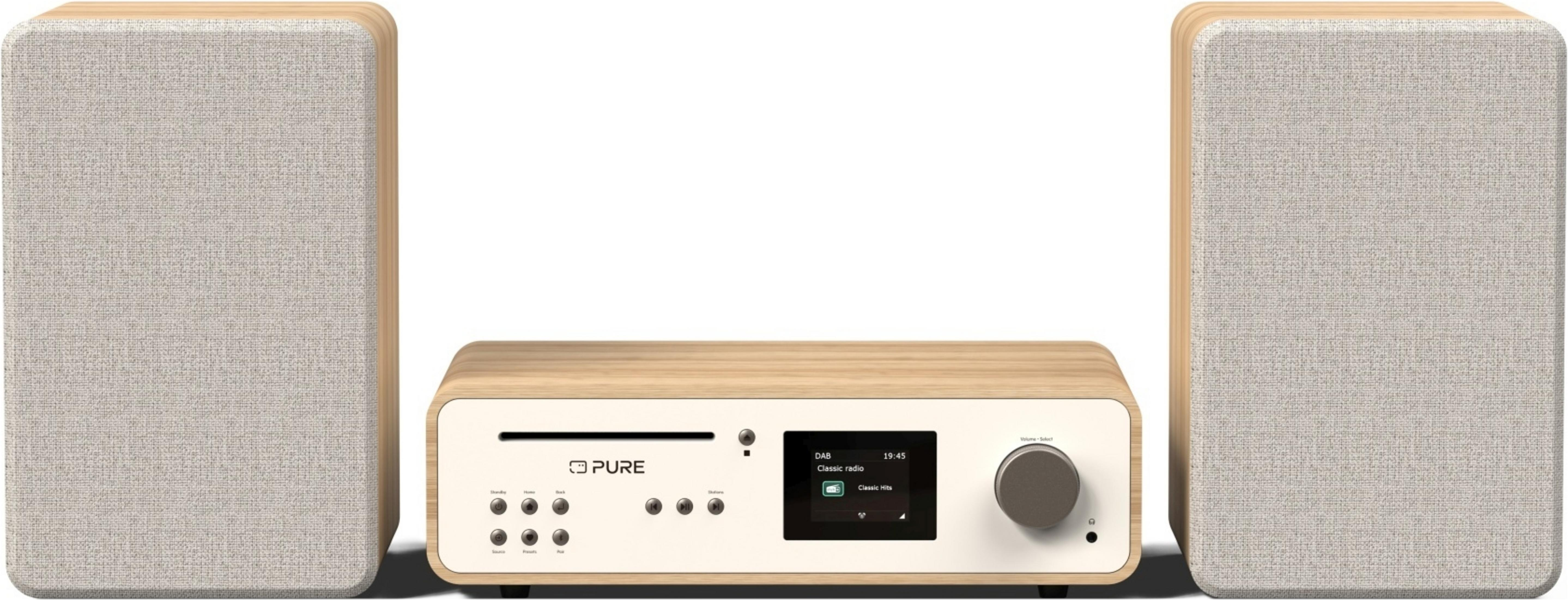 Una radio in legno con due altoparlanti e schermo digitale.