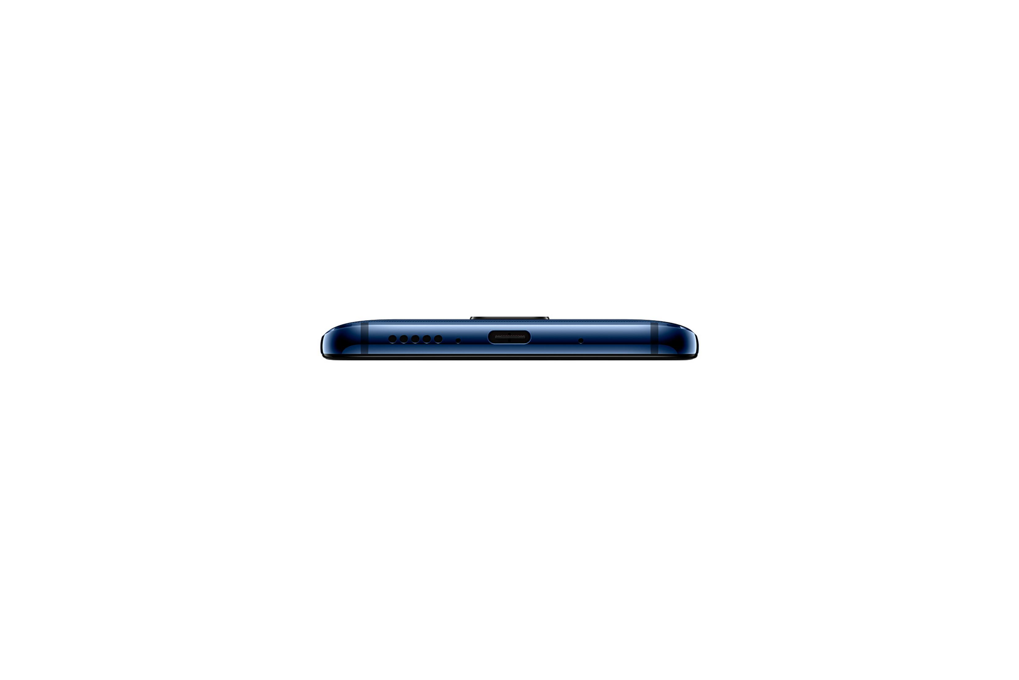 Unteransicht eines dunkelblauen Smartphones mit Lautsprechergrill und Ladeanschluss.