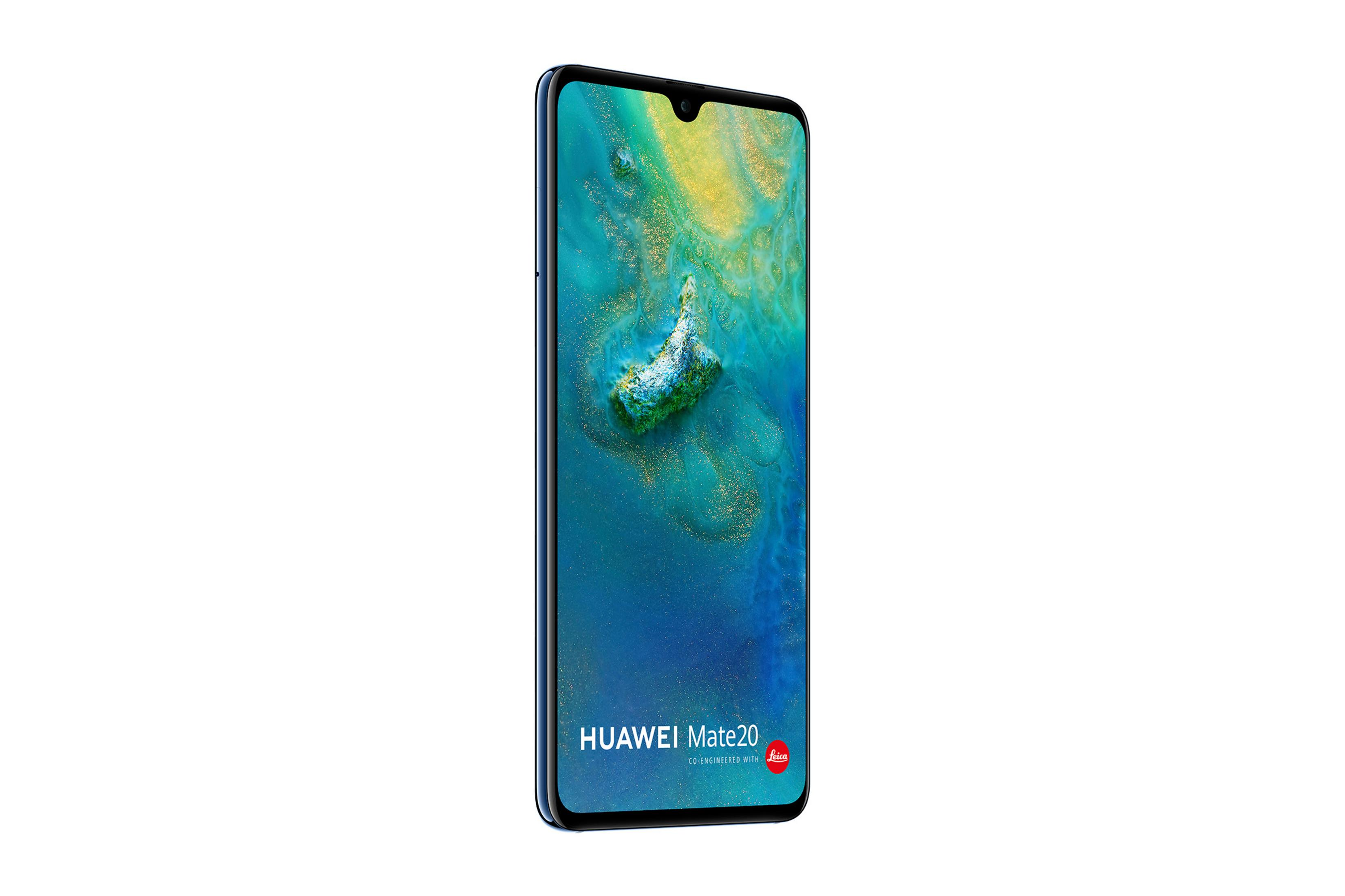 Ein Huawei Mate 20 Smartphone mit blauem Rahmen und einem abstrakten Hintergrund.