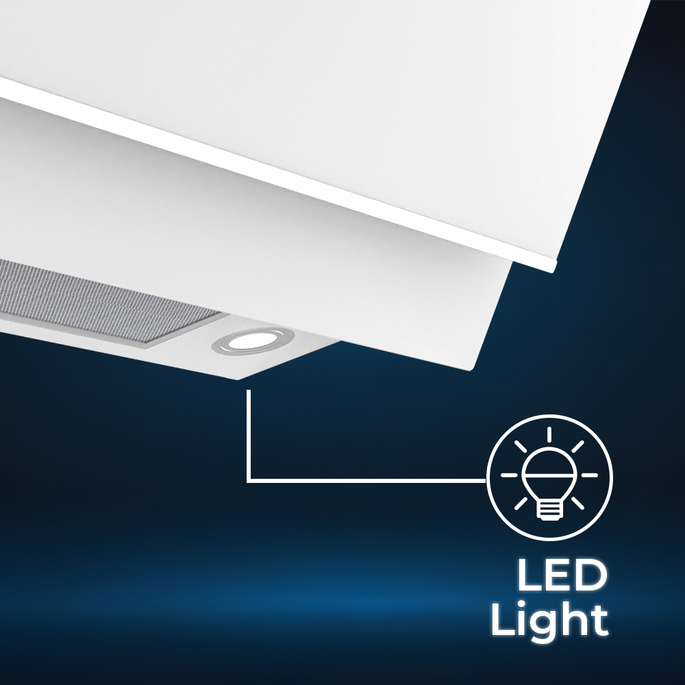 Detalle de campana extractora blanca con ícono de luz LED.