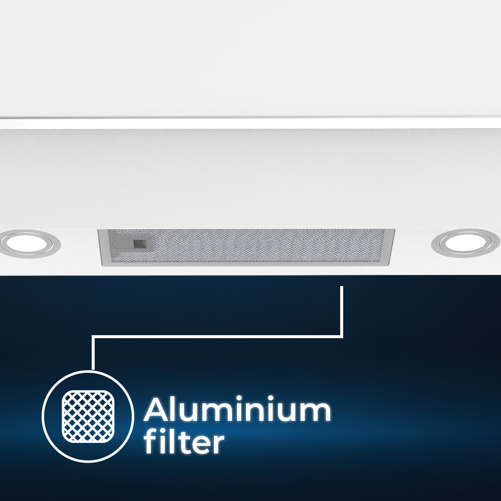 Una campana extractora con filtro de aluminio y luces.