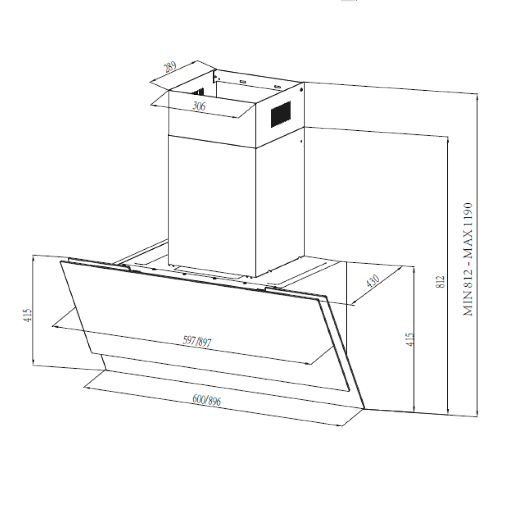 Dibujo técnico de una campana extractora con dimensiones.