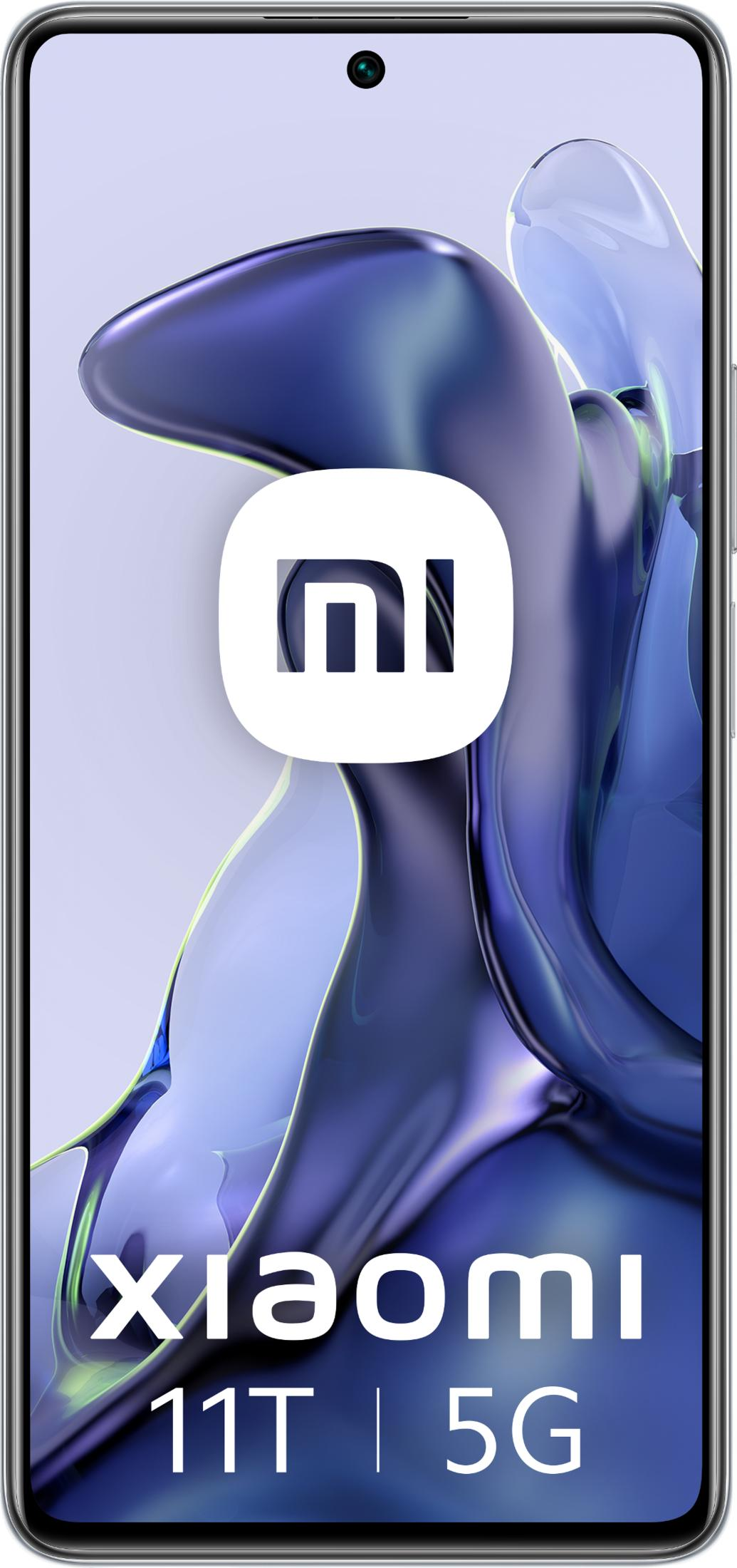 Smartphone Xiaomi 11T 5G con sfondo astratto blu-viola e logo MI.