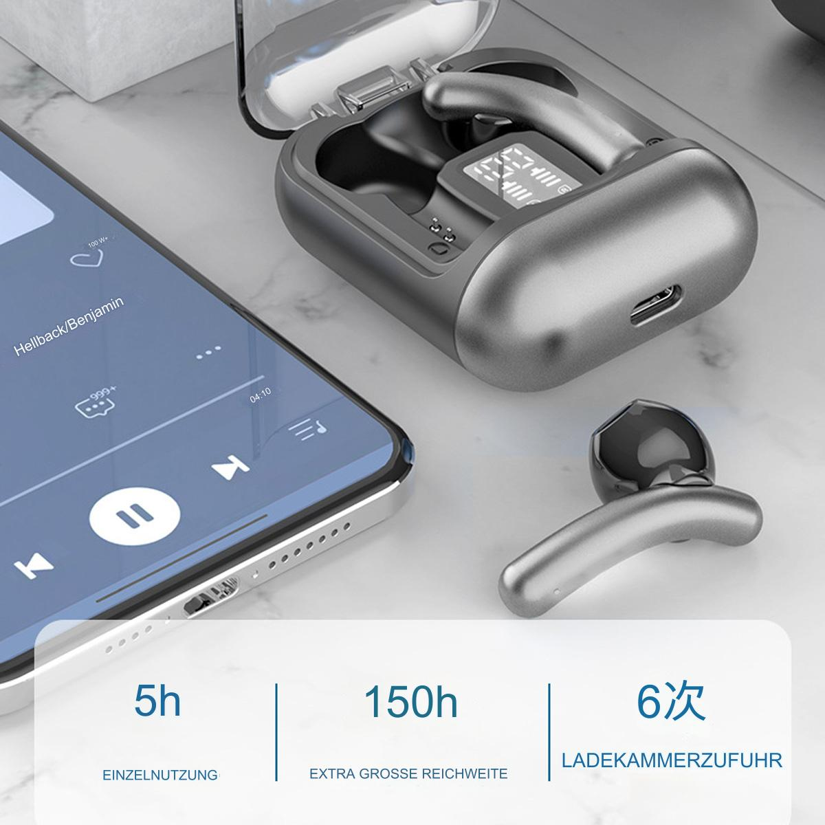 Graue kabellose Ohrhörer mit Ladecase neben einem Smartphone mit Musik-App.