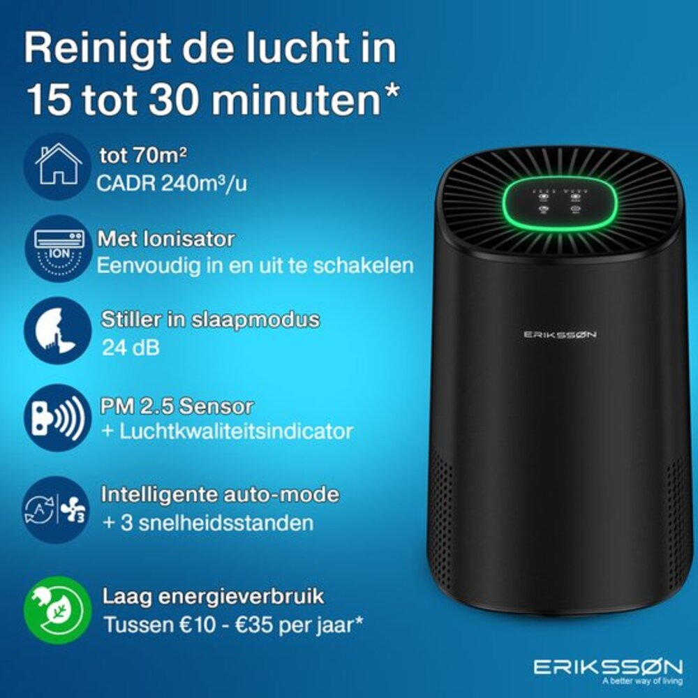 A black air purifier with a green light on top. Features are listed on the left.