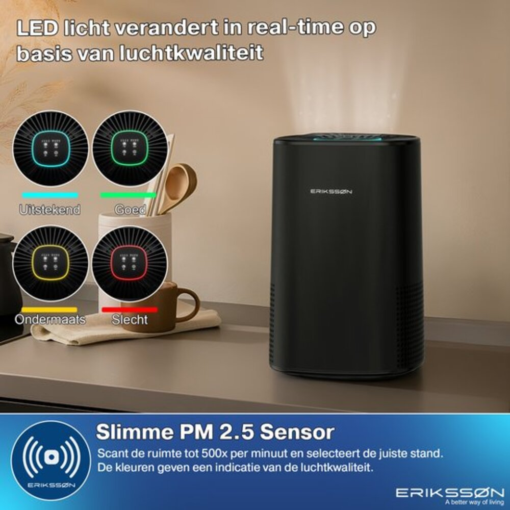 Air purifier shows air quality levels: excellent, good, below average, poor, with color indicators.