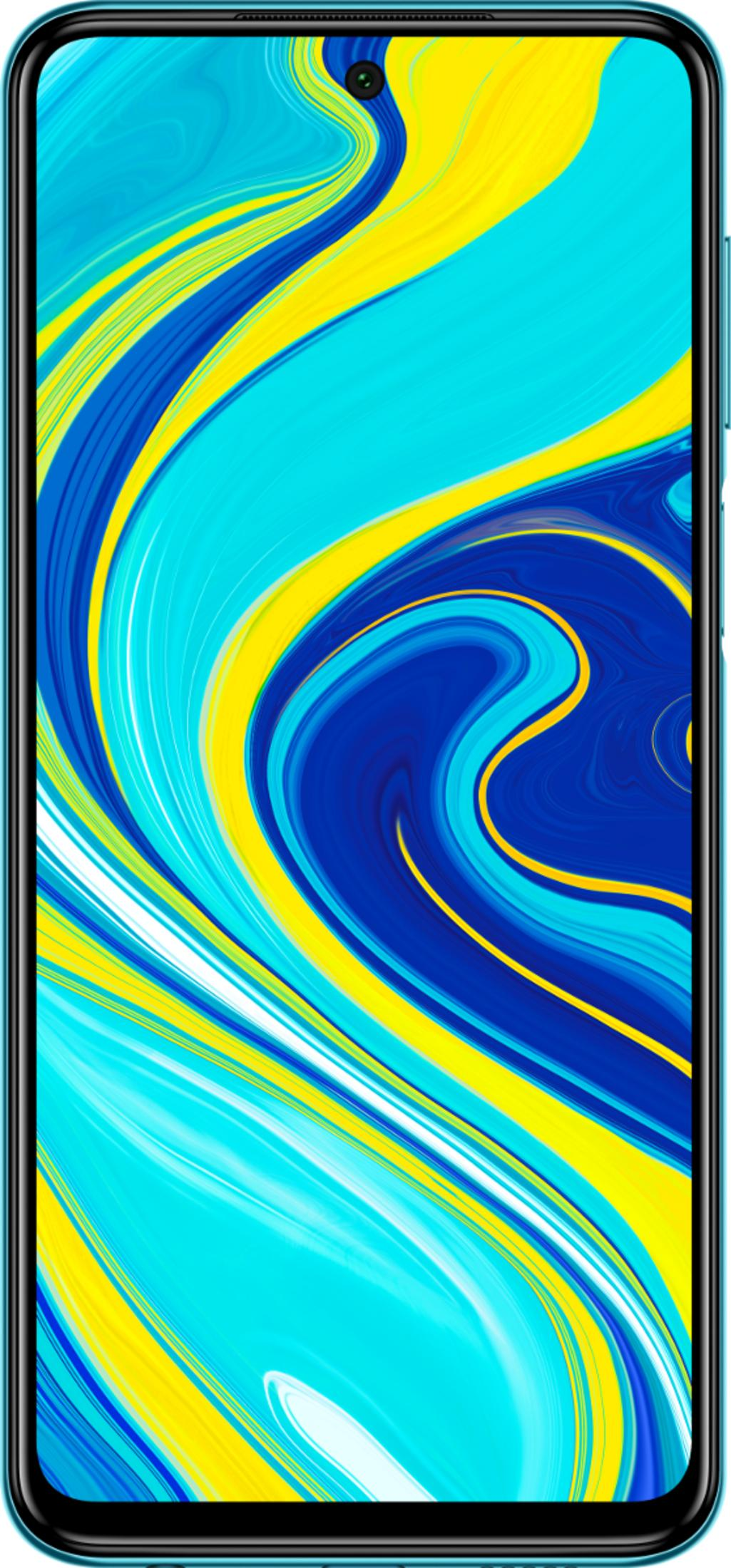 Een smartphone met een kleurrijke, wervelende achtergrond in blauw, geel en cyaan.