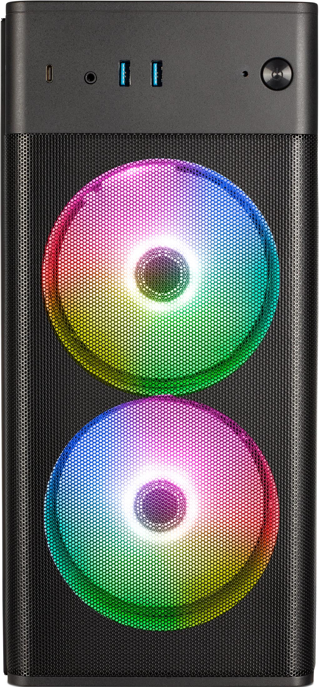 Ein schwarzes Computergehäuse mit zwei RGB-Lüftern und Anschlüssen oben.
