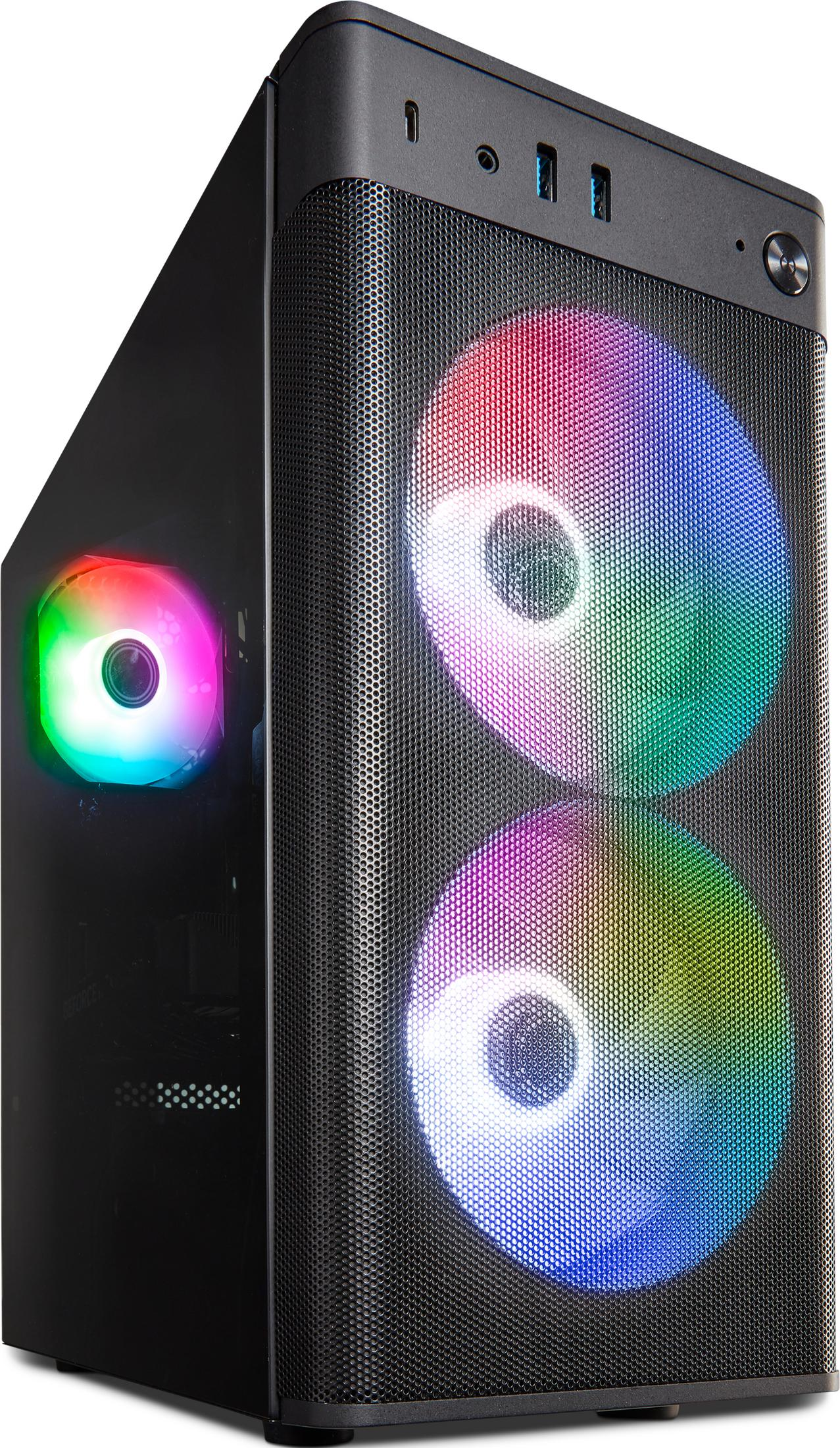 Ein schwarzes PC-Gehäuse mit RGB-Lüftern und einer transparenten Seitenwand.