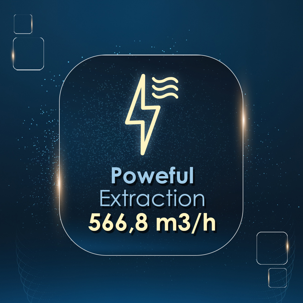 Símbolo de energía de rayo y onda, texto: Extracción Potente 566,8 m3/h.