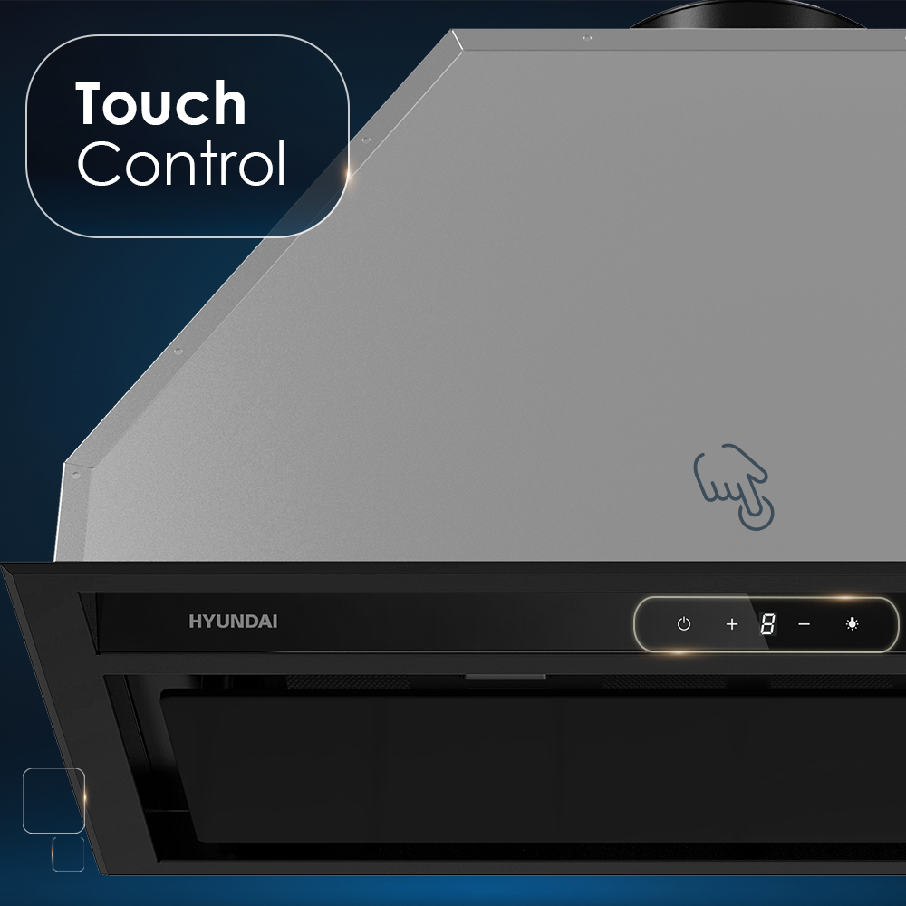 Una campana extractora plateada con controles táctiles y logo Hyundai.