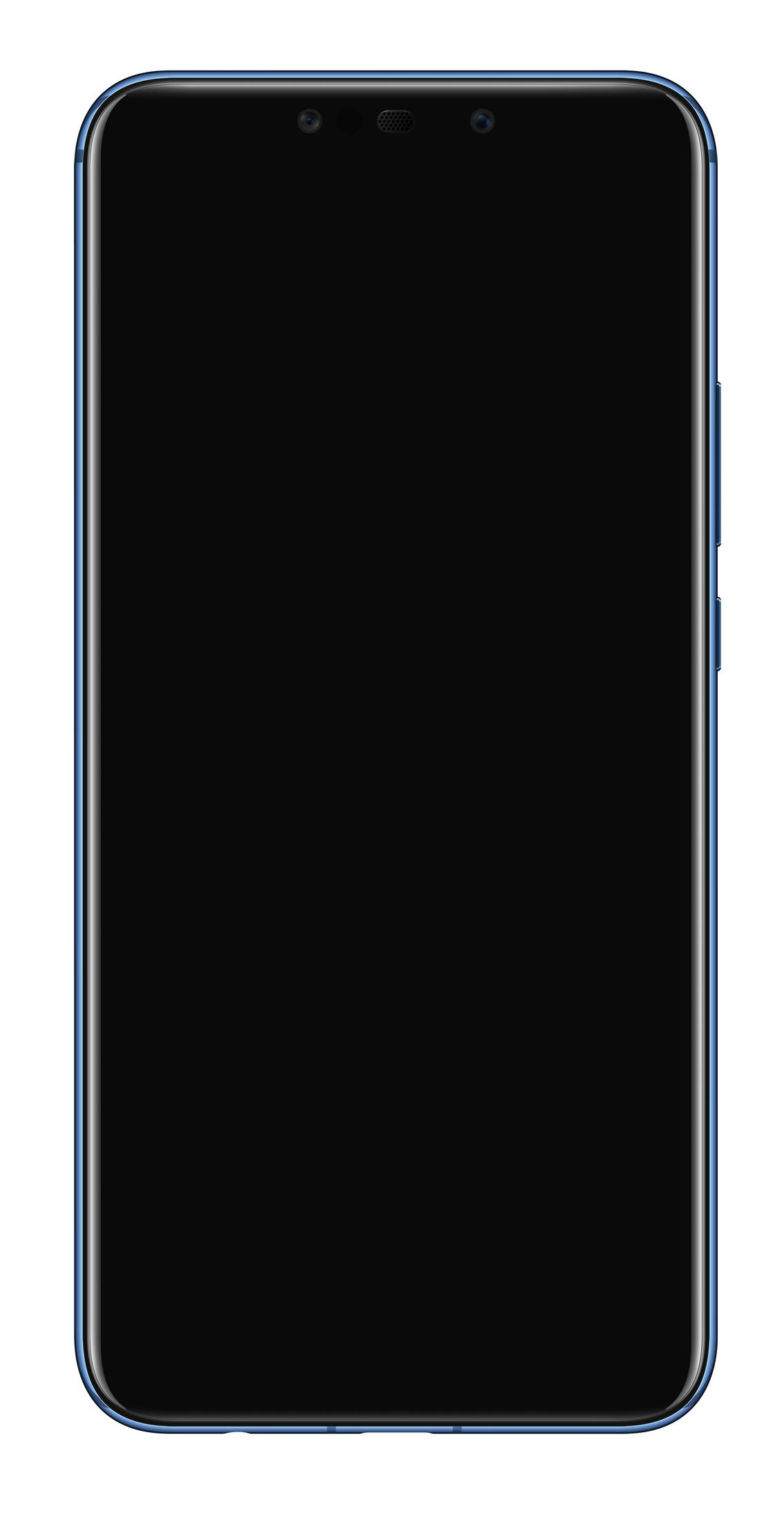 Ein blau umrandetes Smartphone mit schwarzem Bildschirm und zwei Kameras oben.