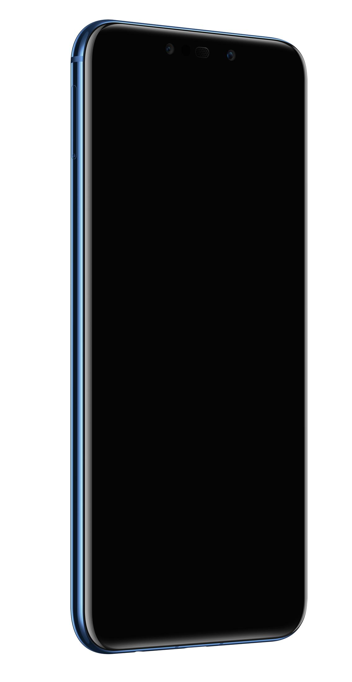 Ein blaues Smartphone mit schwarzem Bildschirm, Frontkameras und Lautsprecher.
