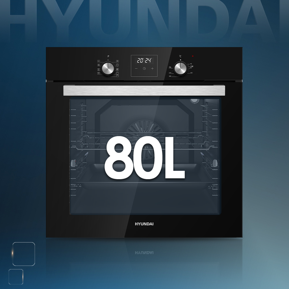 Un horno Hyundai negro con la inscripción '80L' en la puerta de cristal, pantalla digital y controles.