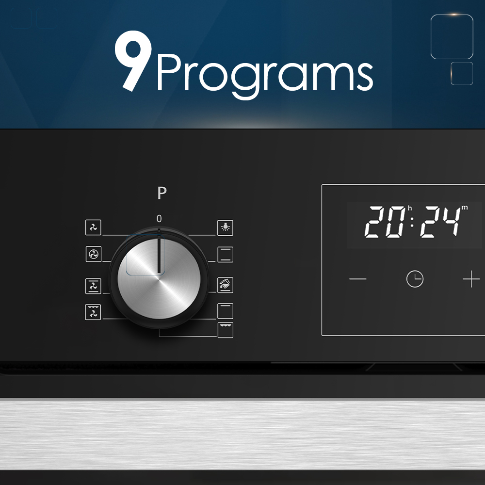 Panel de control de horno negro con dial plateado y pantalla digital mostrando 20:24.