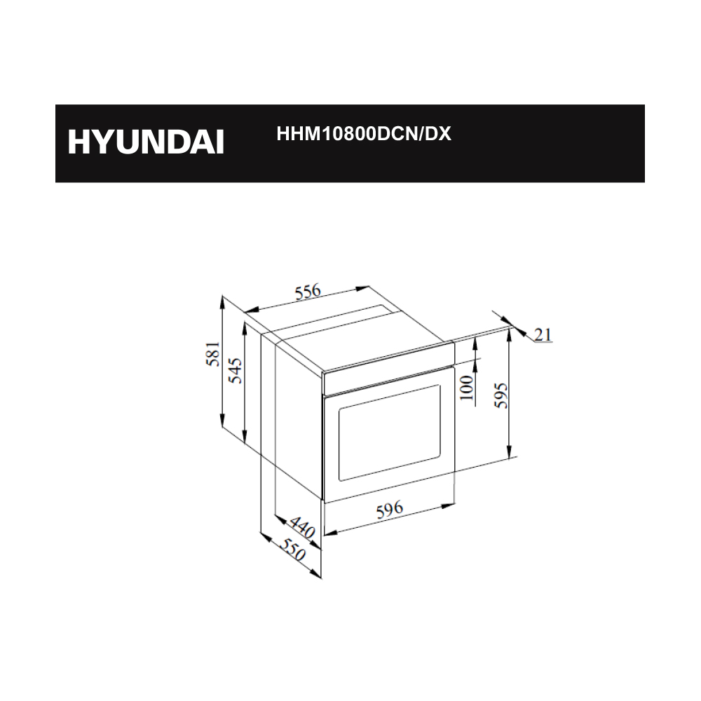 Dibujo técnico de un horno empotrable HYUNDAI con dimensiones.