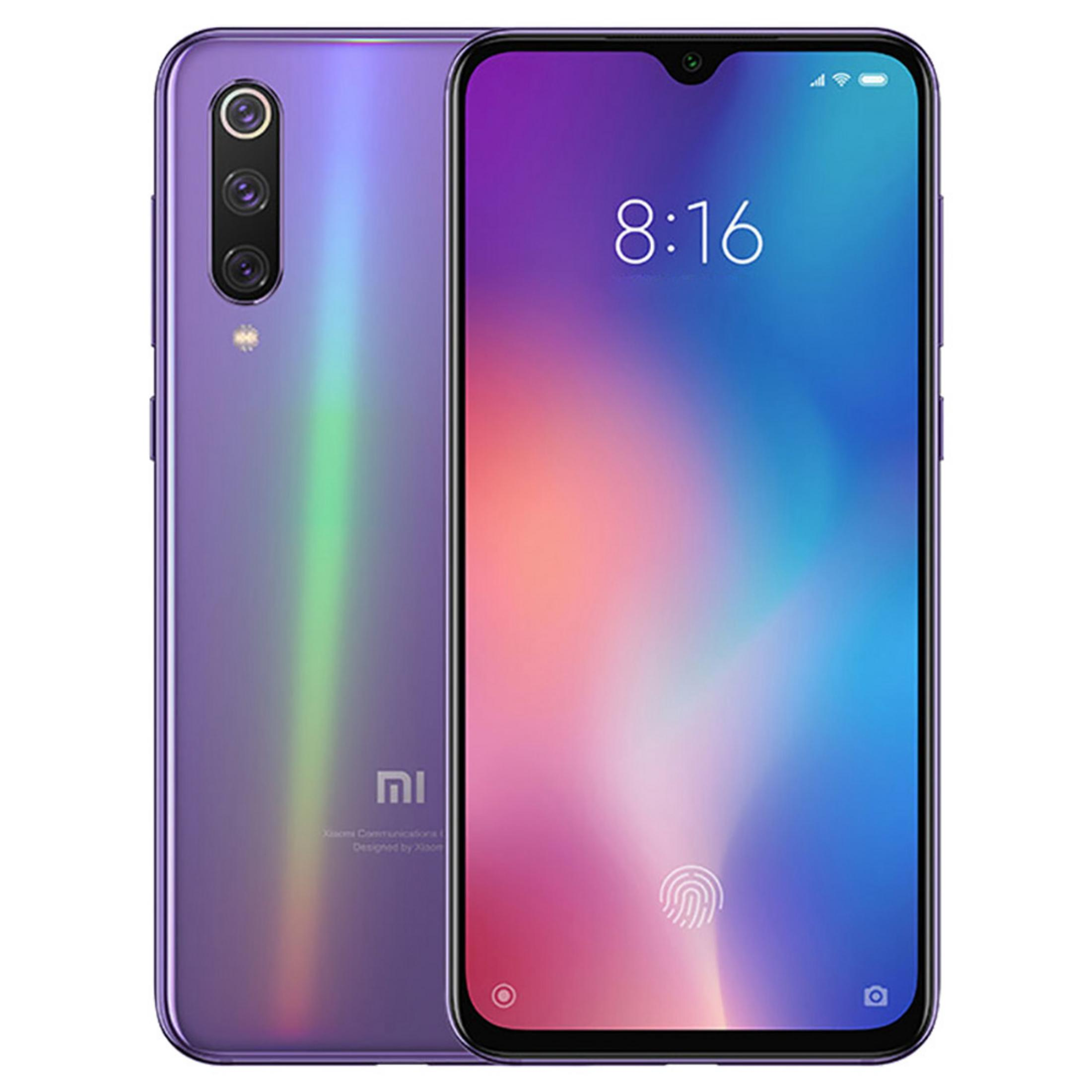 Smartphone viola con tripla fotocamera posteriore e sensore impronte sullo schermo.