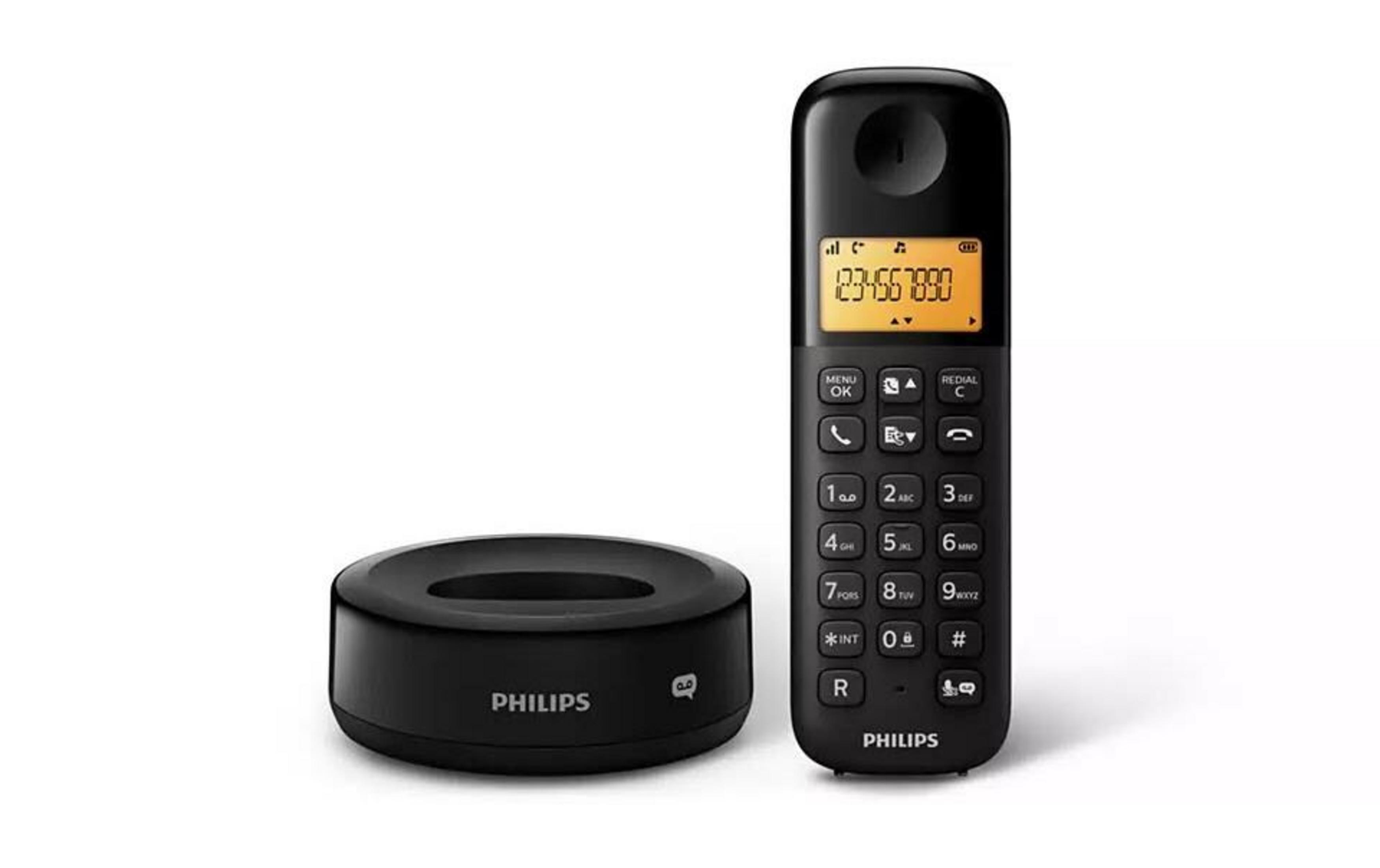 Un téléphone sans fil Philips noir et sa base de chargement sont côte à côte.