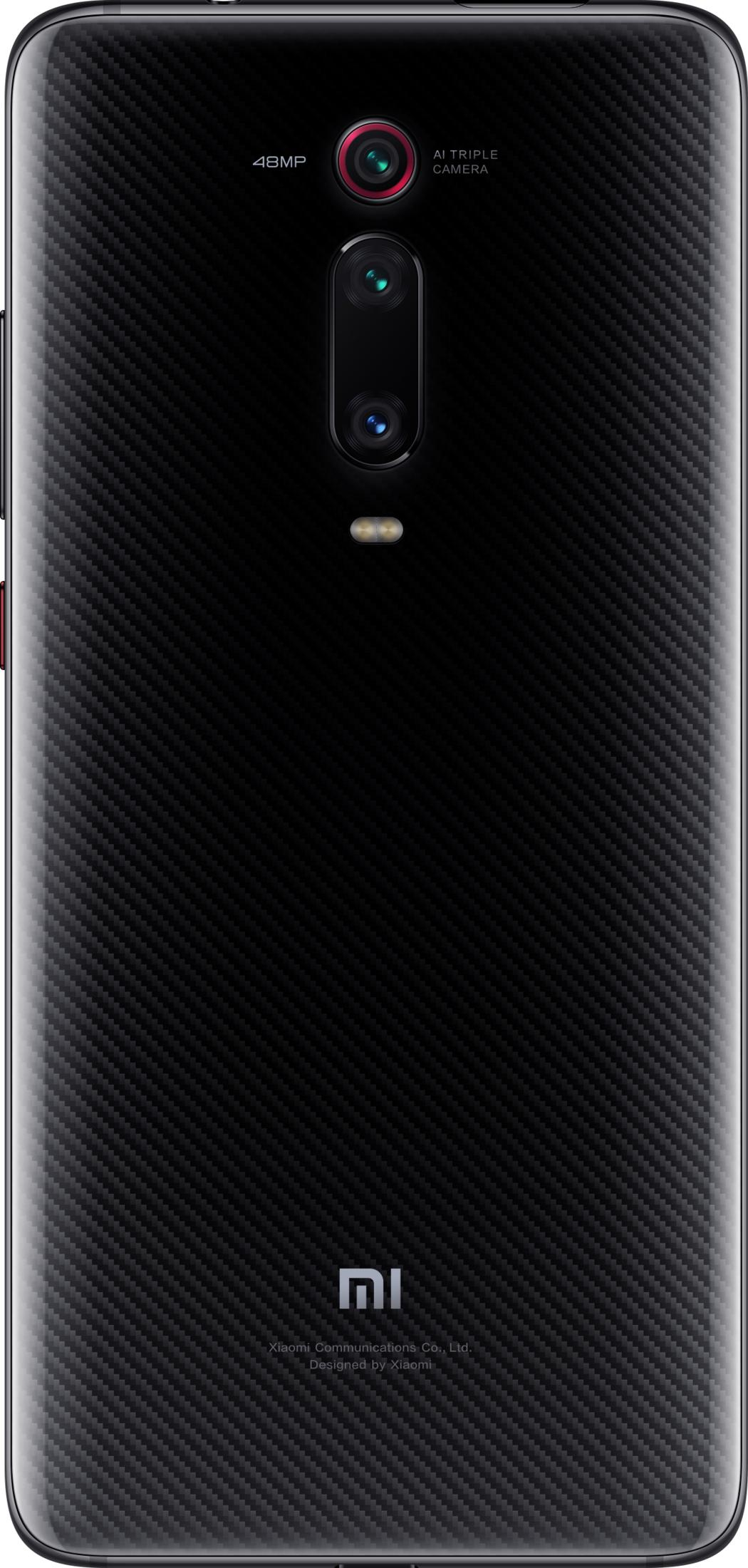 Schwarz Handy mit Carbon-Muster, 3 Kameras oben links, MI-Logo unten.