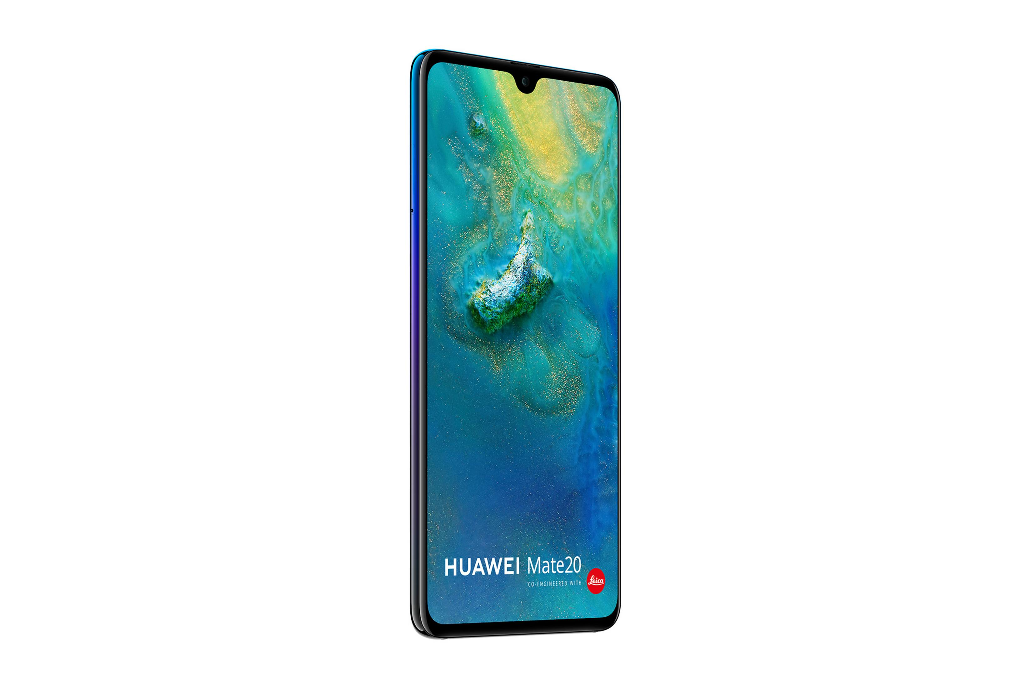 Un smartphone Huawei Mate 20 con marco azul y fondo de pantalla abstracto.