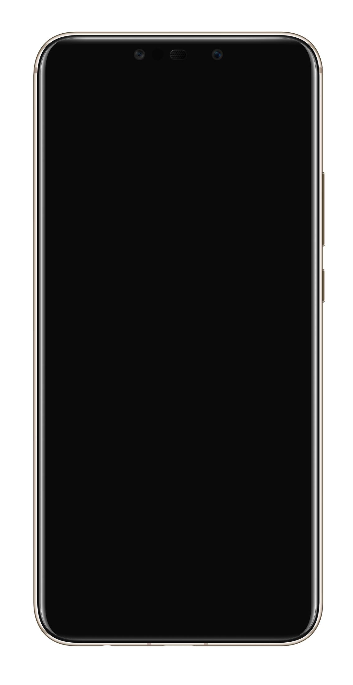 Czarny smartfon z cienką złotą ramką i trzema czujnikami u góry.