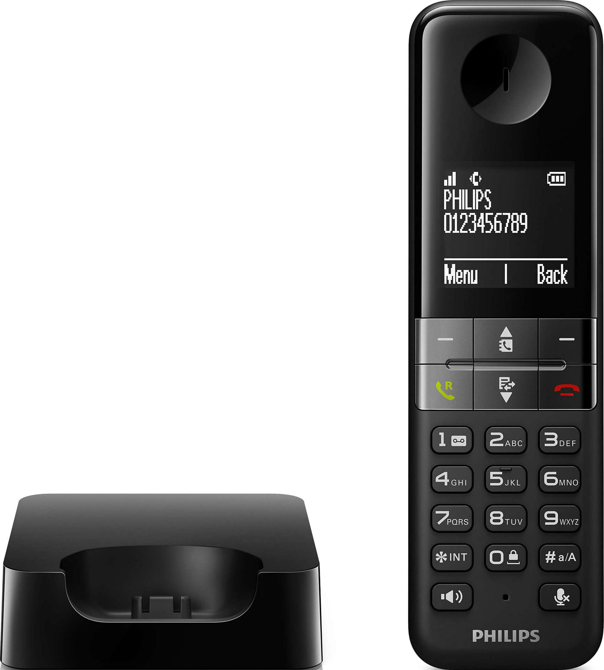 Téléphone sans fil noir et station de charge. Le téléphone affiche PHILIPS et un numéro.