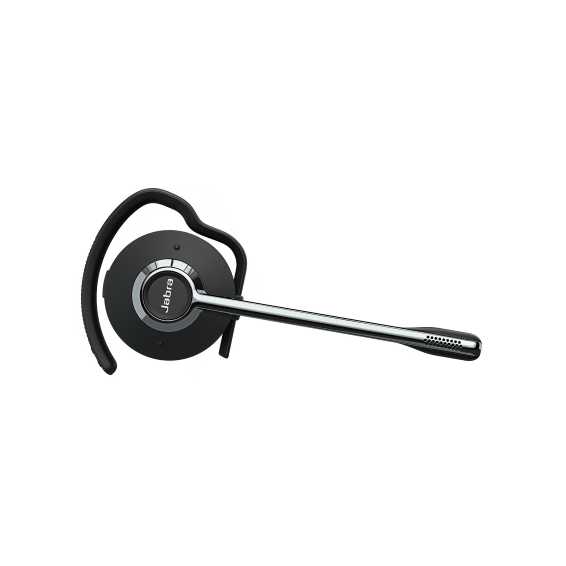 Czarny zestaw słuchawkowy Jabra ze srebrnym wysięgnikiem mikrofonu.