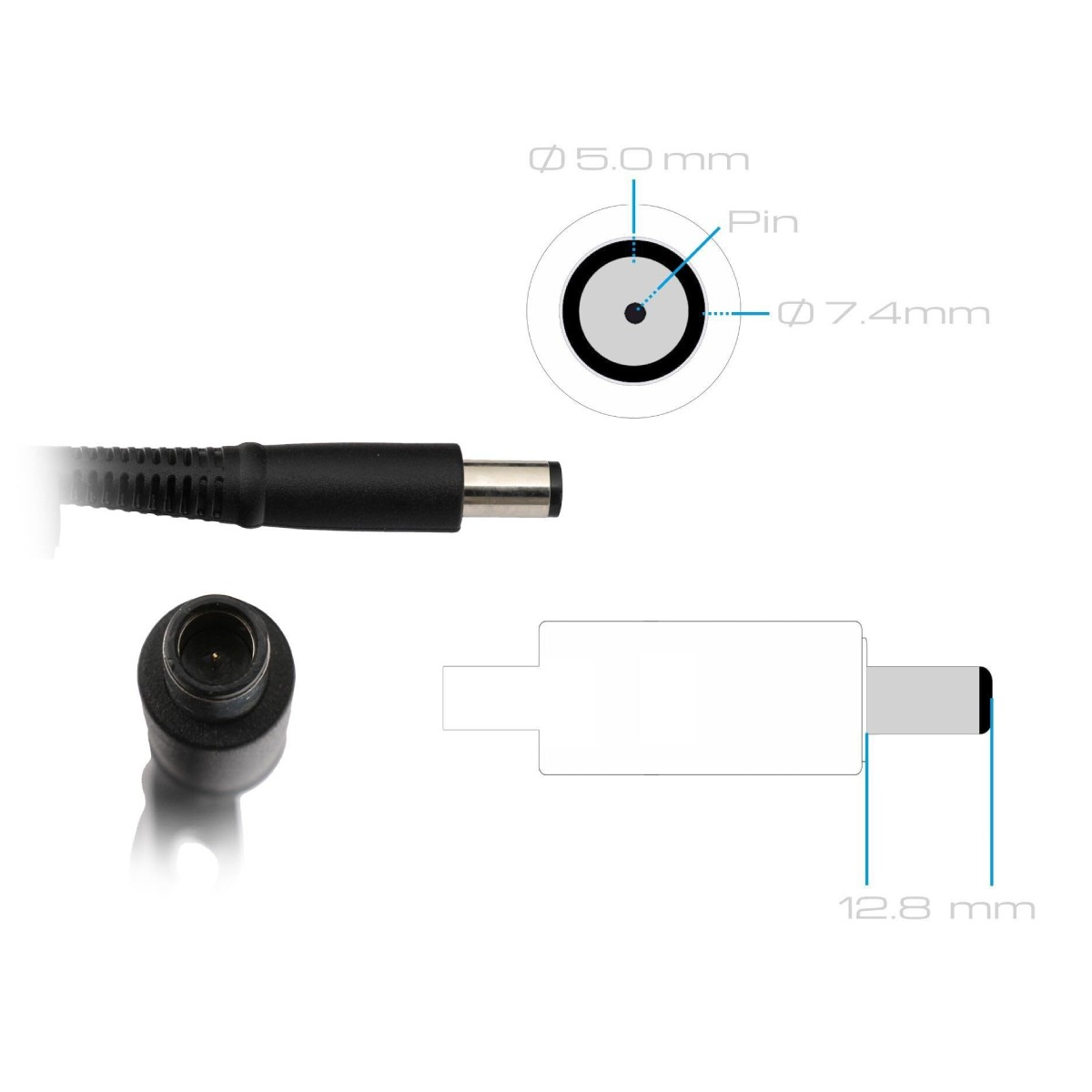 Technische Zeichnung eines Stromsteckers mit Maßen 5,0 mm und 7,4 mm.