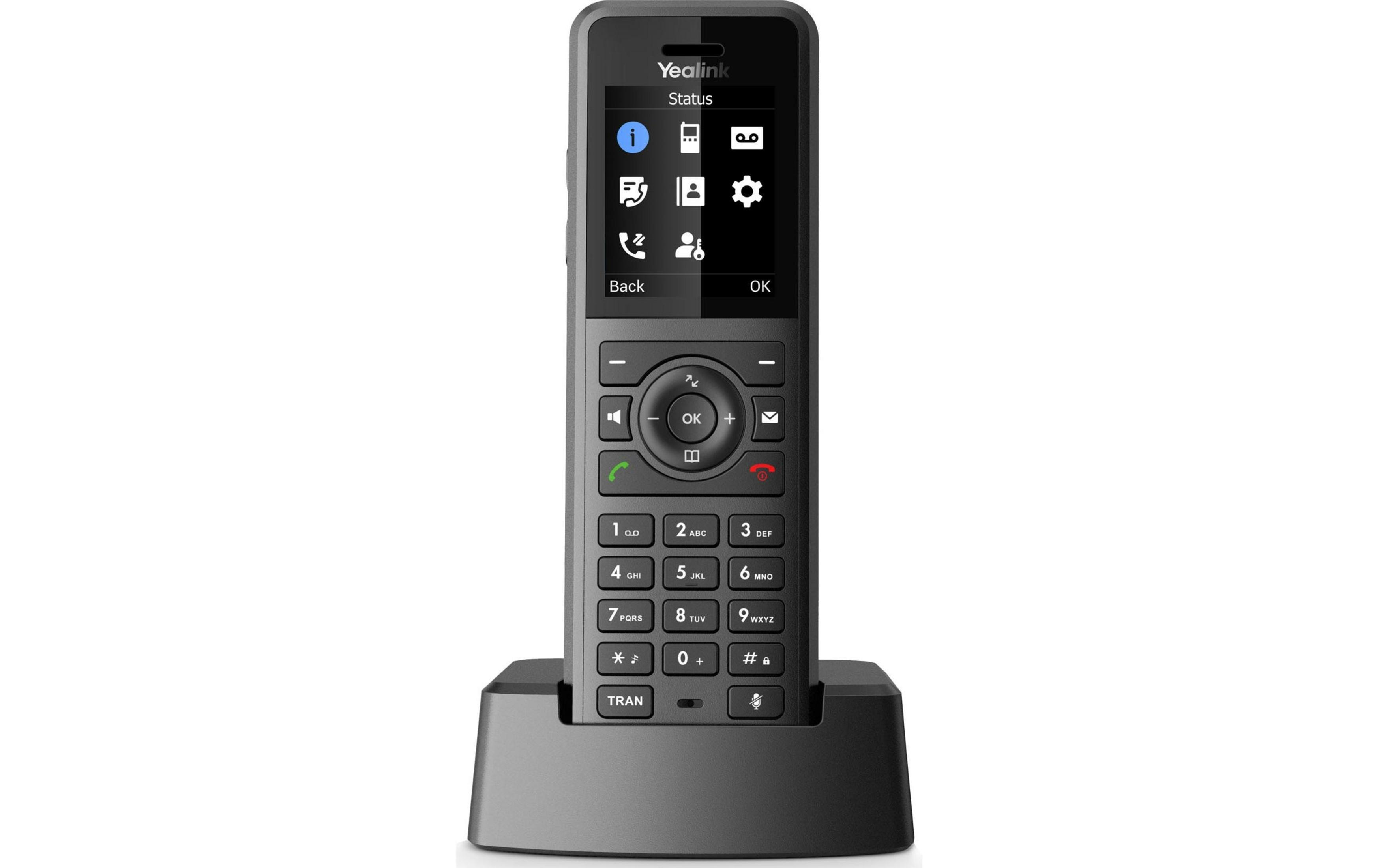 Telefon bezprzewodowy Yealink z ekranem i przyciskami na stacji ładującej.