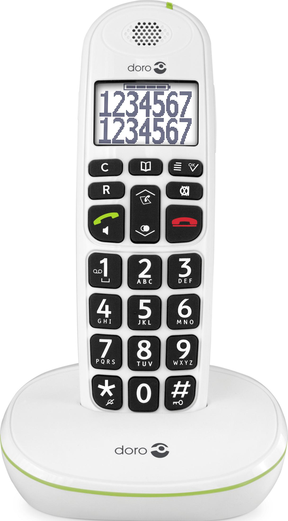 A white Doro cordless phone with buttons and a display screen.