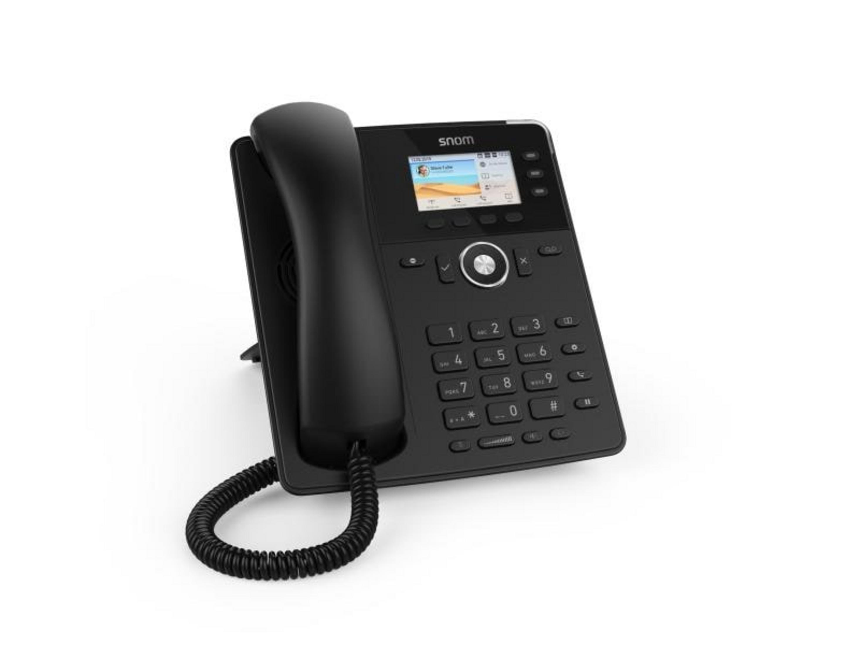 Ein schwarzes Tischtelefon mit Hörer, Tastatur und Farbdisplay.